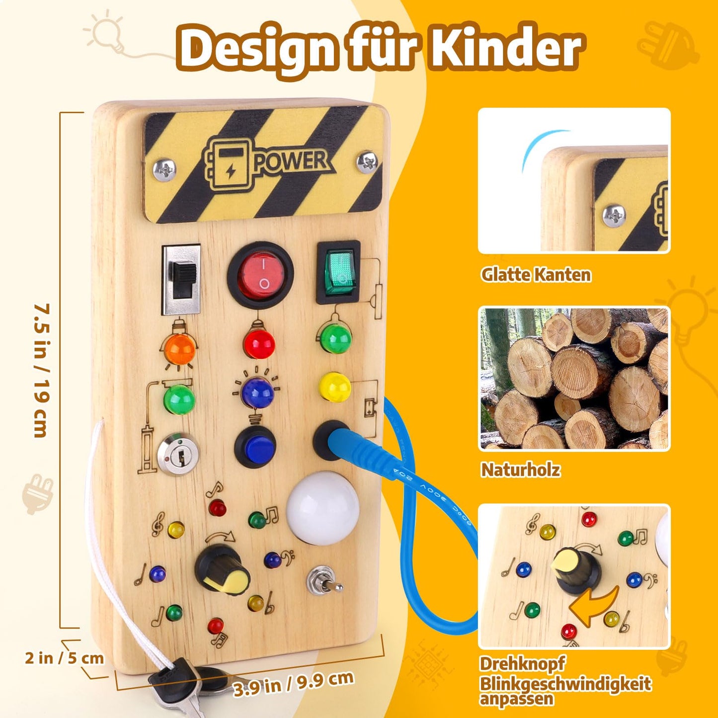 Hello Montessori Busy Board 1 year old Kids Activity Board Wooden Toy with 8 LED Light Switch Toy Sensory Learning Toys Suitable for 1 2 3 4 year old Babies