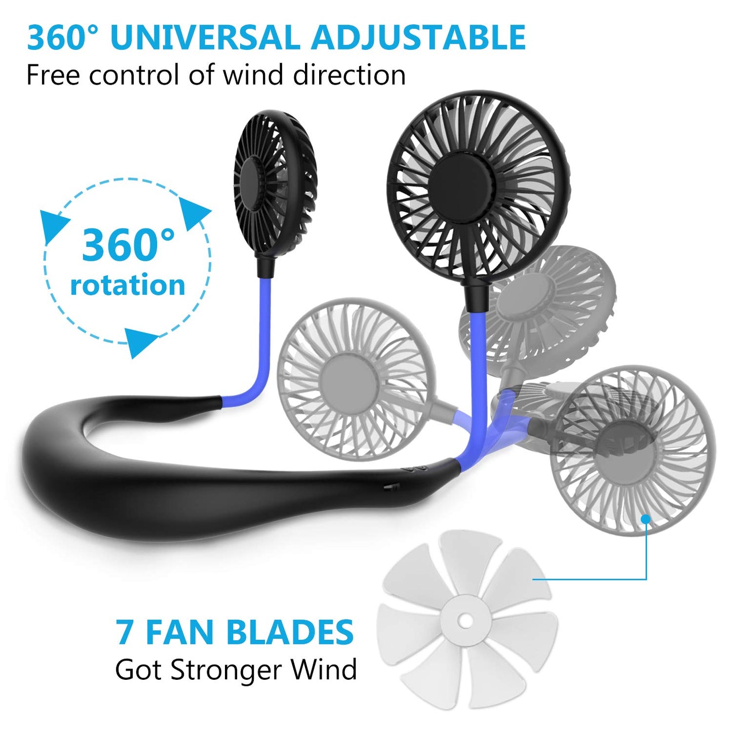 Ultra-light neck fan, USB neck fan, neck fan, quiet, 3 speeds, LED light, portable neck fan for outdoor, indoor, camping, travel, sports - black & blue.