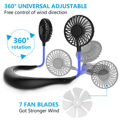 Ultra-light neck fan, USB neck fan, neck fan, quiet, 3 speeds, LED light, portable neck fan for outdoor, indoor, camping, travel, sports - black & blue.