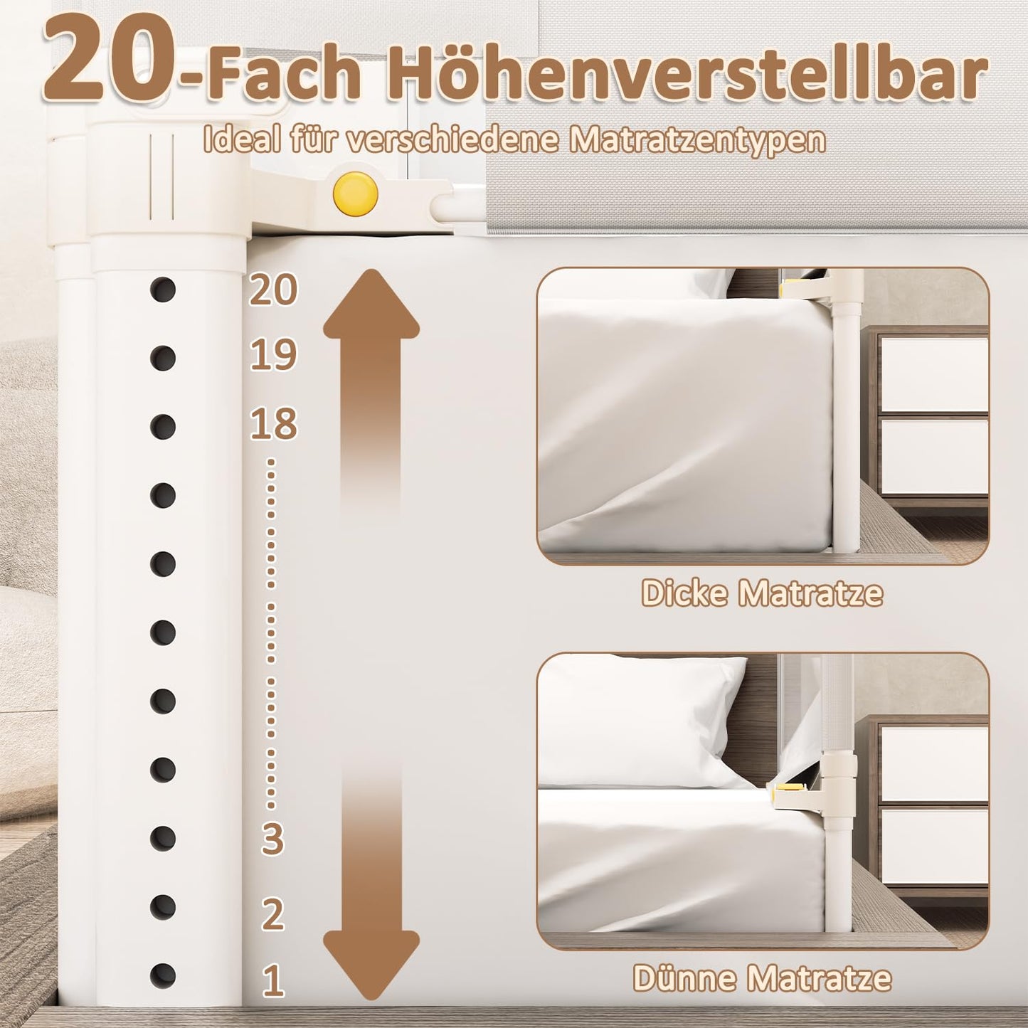 Daromigo 180 cm bed rail, foldable bed guardrail, adjustable height 68-95cm, baby bed guardrail for parents' beds and children's beds.