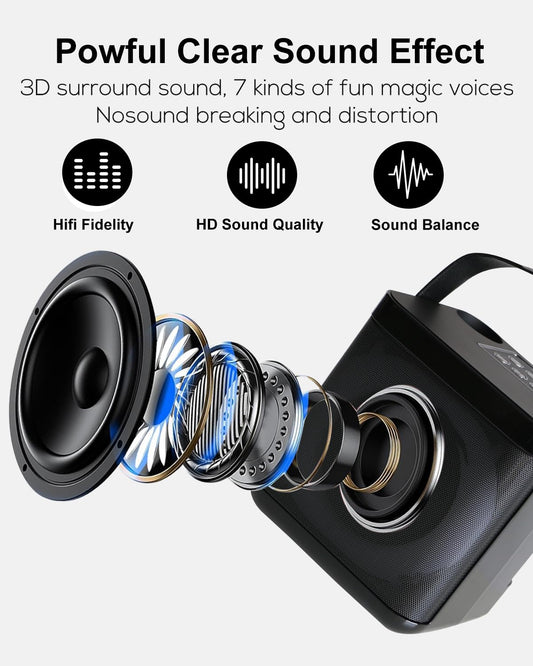 Portable karaoke machine with 2 microphones, Bluetooth karaoke set for kids and adults with voice changing effects & LED lights. Perfect for boys and girls gifts and home parties.