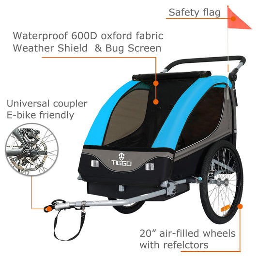 Tiggo S2 child trailer with suspension – also converts to a jogger – versatile 2 in 1 buggy and bike trailer with 360° swivel.