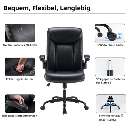 MZLEE Office Chair Ergonomic Desk Chair PU Leather Swivel Chair with Foldable Armrest, Height Adjustable, Comfortable for Office Home Gaming (Black)