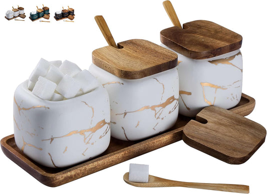 TELANKS 3-piece set includes ceramic sugar bowl with lid and spoon, spice jars with spoon, and salt cellar with lid. Perfect for home and kitchen.