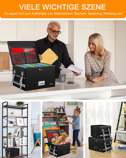 JUNDUN File Organizer Box with Lock, Foldable Fireproof Document Box with Water-Resistant Zipper and Lid, Portable Decorative Hanging File Box for Home/Office.