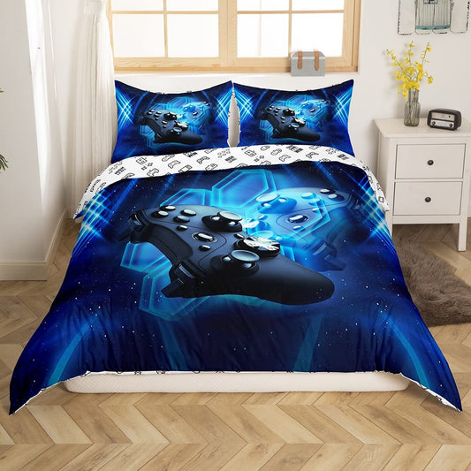 Homewish Gaming Bedding Set Boys Teen Game Room Decor Duvet Cover Kids Youth Blue Gamepad Printed Gamer Quilt Cover Modern Novelty Video Games Bedroom Decor Bedspread, 135x200