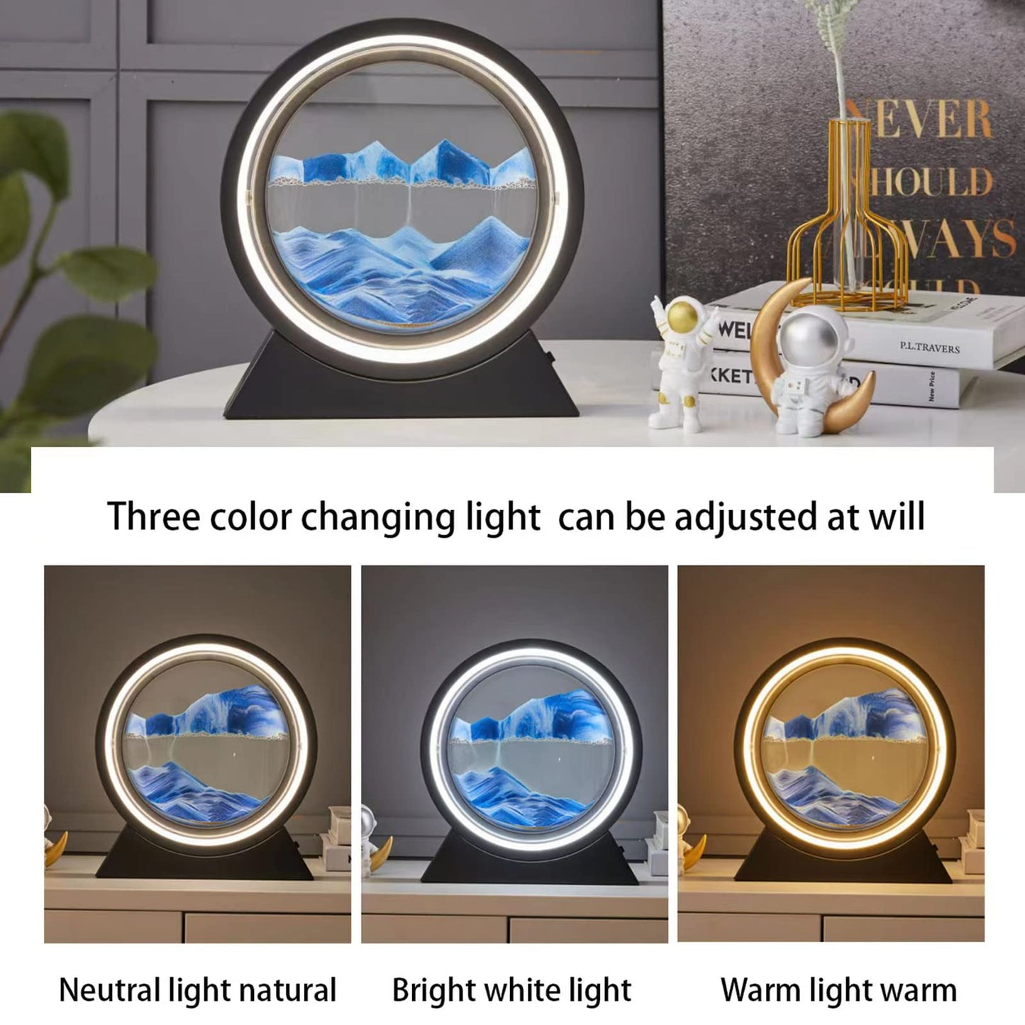 Neioaas 3D Moving Sand Art Table Lamp, 360° rotating sandscapes hourglass decor flowing sand lights,3D deep sea sand art hourglass lamp, adult child sand painting decor (Black-Blue)