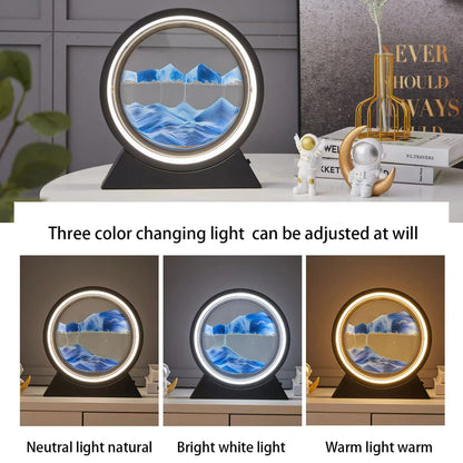 Neioaas 3D Moving Sand Art Table Lamp, 360° rotating sandscapes hourglass decor flowing sand lights,3D deep sea sand art hourglass lamp, adult child sand painting decor (Black-Blue)