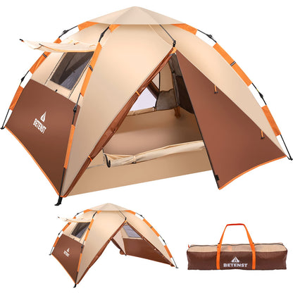 Prayset camping tent, pop-up tent for 3 persons, family dome tent waterproof, windproof with 2 mesh doors, 2 mesh windows, 2 in 1 double layers, carry bag for camping, hiking, backpacking.