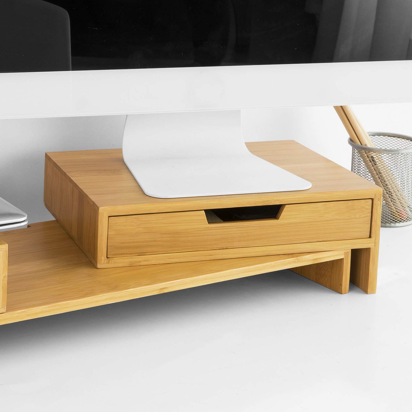 SoBuy BBF04-N Design Monitor Stand for 2 Monitors, Screen Stand Notebook Stand Desk Attachment with 2 Drawers, Width Adjustable Bamboo, Dimensions: 60-108x11x22cm