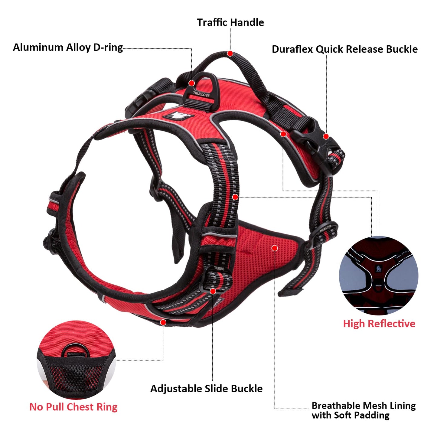 Truelove Dog Harness TLH5651 prevents pulling, reflective seams ensure visibility at night, perfect for outdoor adventures (L, Black)