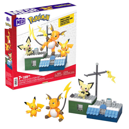 Mega Brands POKÉMON Pikachu - Evolution set with Pichu, Pikachu, and Raichu, featuring themed environment and battle effect elements, for kids 6+. HKT23
