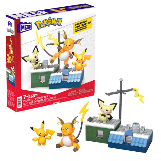 Mega Brands POKÉMON Pikachu - Evolution set with Pichu, Pikachu, and Raichu, featuring themed environment and battle effect elements, for kids 6+. HKT23