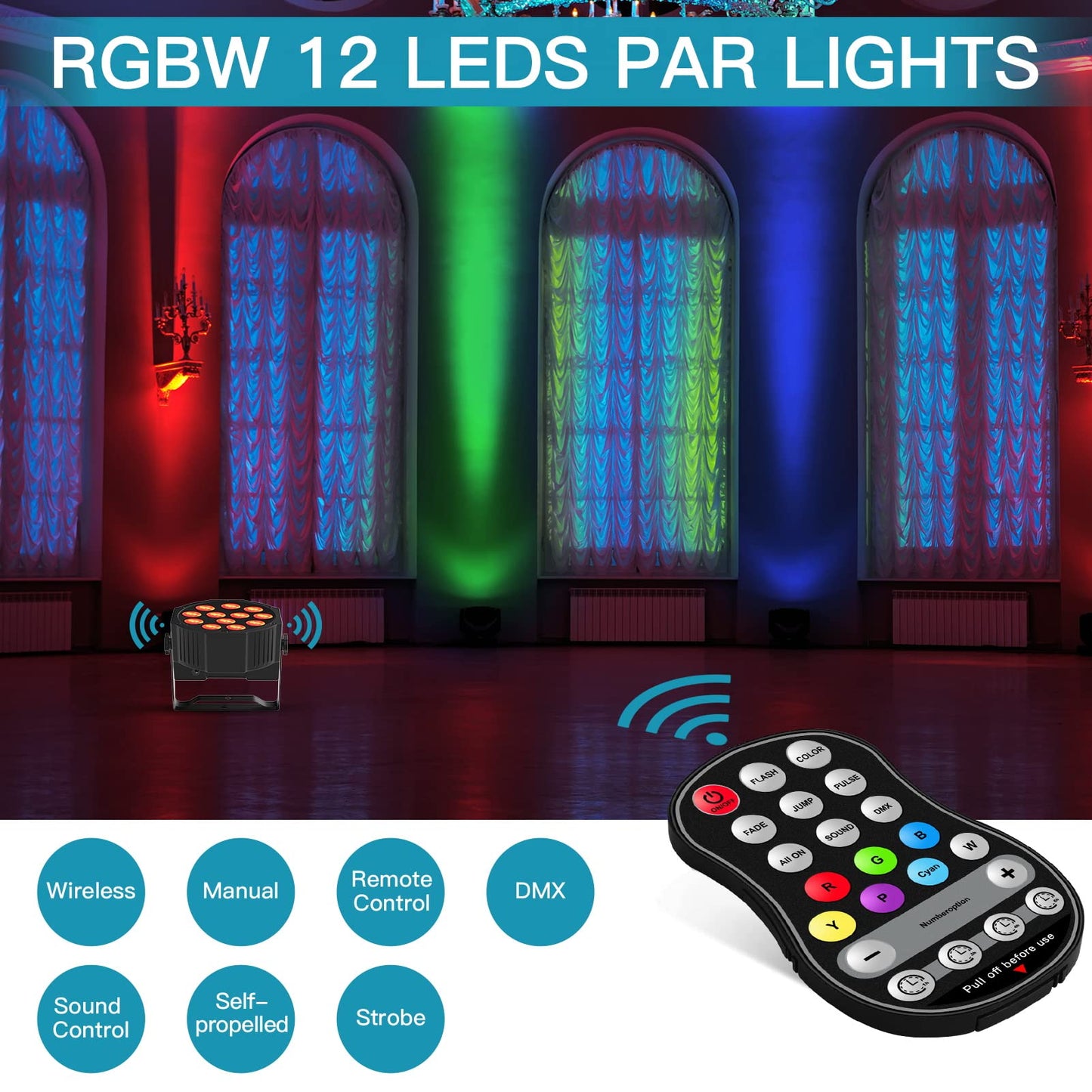 ZonQoonz 4 PCS RGBW Battery Powered Stage Lights, 24W Rechargeable Par Light with Timer Function and 7 Lighting Modes, 8 CH Battery Spotlights Outdoor for Wedding Bar DJ Show Disco