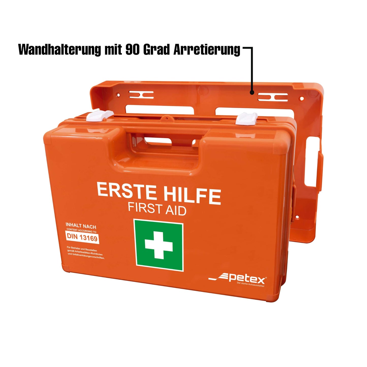 PETEX professional operating association case with content according to the new DIN 13169 including practical wall mount, 5 stickers, first aid kit, orange first aid kit for company, office, construction sites