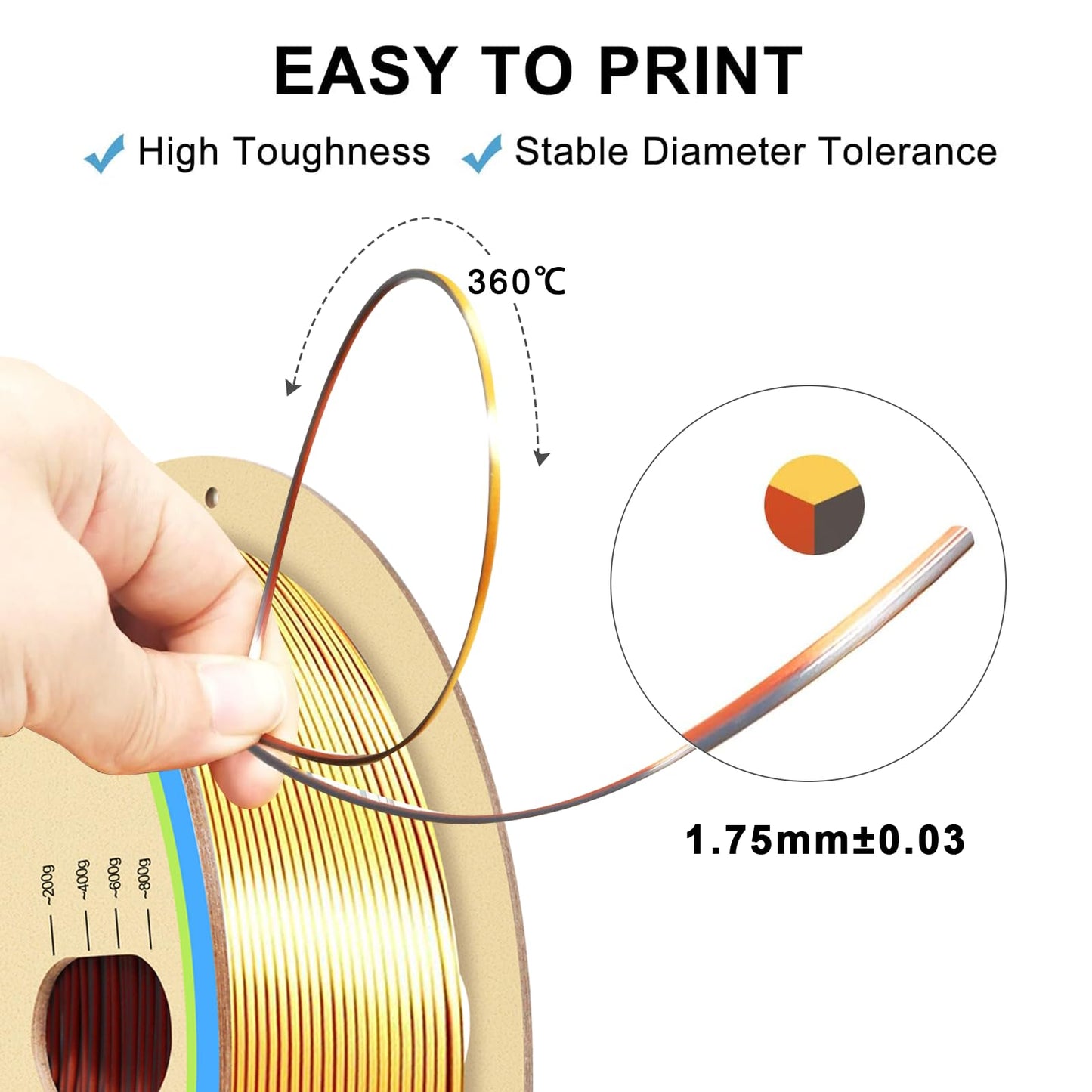 YOUSU Tricolor PLA Filament, 3D Printer Filament 1.75mm(±0.03mm), Silk Gold/Copper/Black Tricolor Filament, Compatible with Most FDM Printers, 1kg/2.2lbs