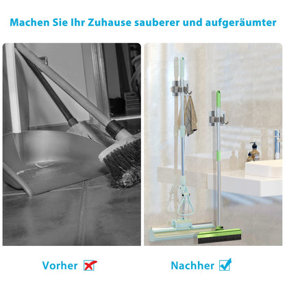 Homeasy Wall Mount Broom Holder 4 Pack Self Adhesive Stainless Steel No Drilling Mop Holder Tool Organizer with Hooks for Kitchen Bathroom Garden Balcony (Silver)