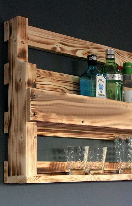 Wooden whisky shelf with glass holder - flamed - industrial style - pre-assembled - wall bar - wooden whisky shelf (90, L)