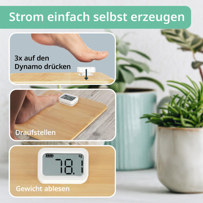 ADE Digital Body Scale without Battery | Environmentally friendly dynamo drive | Precise weighing results in 100 g increments | Weighing surface made of real bamboo wood | up to 150 kg