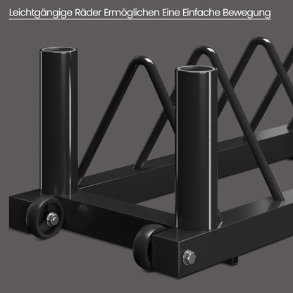 Yaheetech weight plate storage rack with 4 slots and 2 barbell holders on wheels. Supports up to 300 lbs of weight.