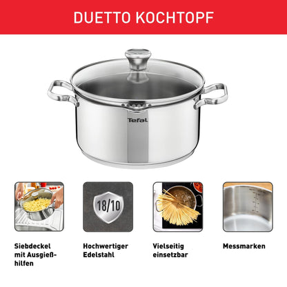 Tefal Duetto pot A70542 | 16 cm | Induction compatible | Easy to clean | Measuring scale | Glass lid for pouring off | Stainless steel