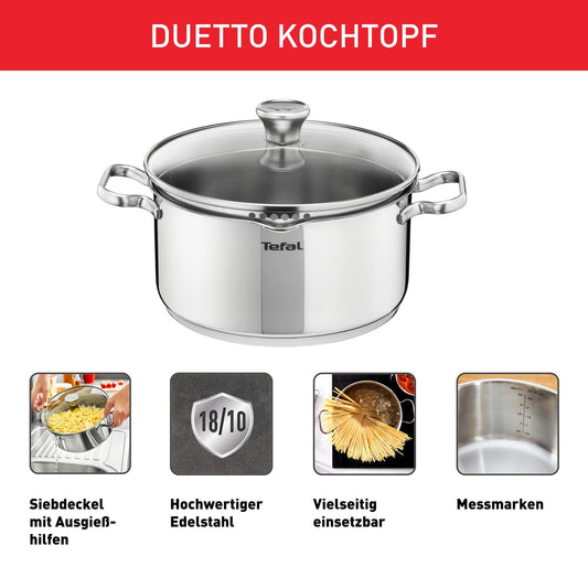 Tefal Duetto pot A70542 | 16 cm | Induction compatible | Easy to clean | Measuring scale | Glass lid for pouring off | Stainless steel