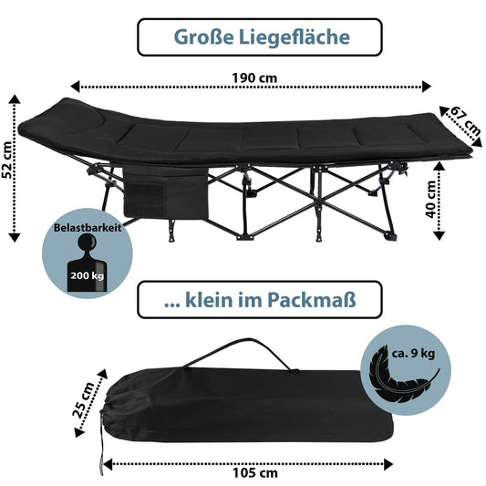 ALPIDEX camping bed cot up to 200 kg side pocket comfortable pad softly padded foldable collapsible guest bed lounger camping garden, color: Black.