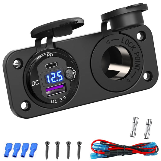 Cigarette Lighter Socket 12V USB Flush Mount Socket: Qidoe Aluminum Alloy 20W PD3.0 Car USB Outlet Waterproof Voltage Monitor 12V Socket 300W 24V Socket QC3.0 for Car Boat RVs