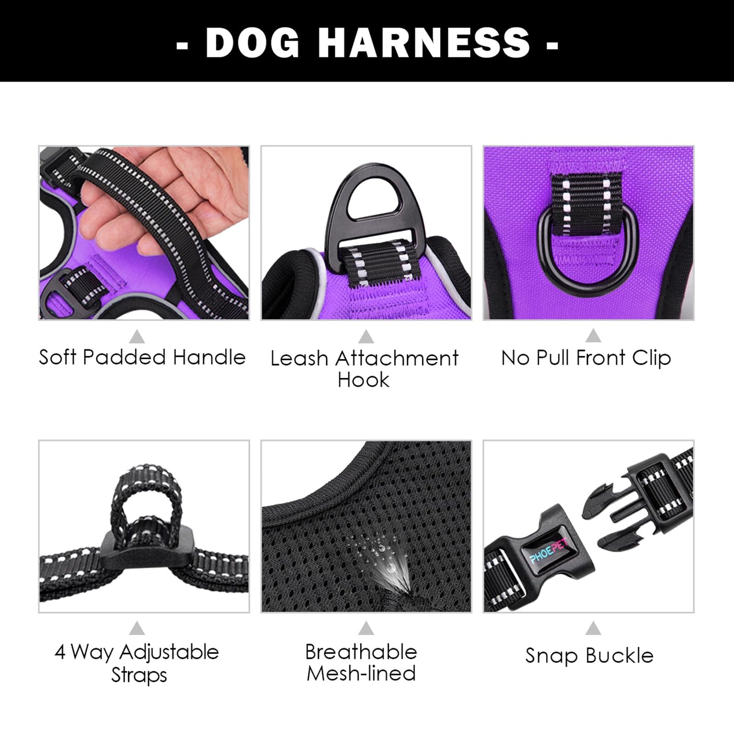 PHOEPET No Pull Dog Harness for Small Dogs, reflective, adjustable front clip vest with handle, 2 metal rings, 3 buckles [easy to put on and take off] (M, Purple)