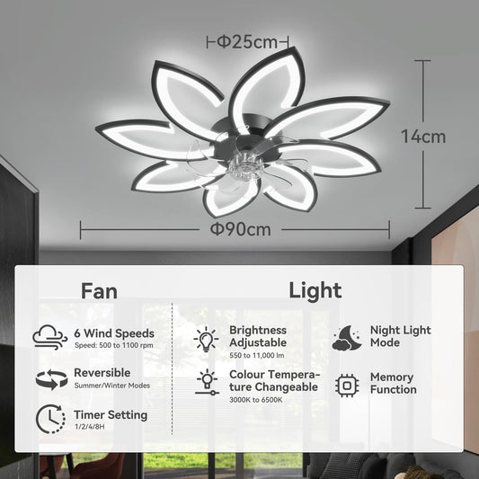 Ceiling fan with lighting and remote control app, lamp with fan Quiet, flower modern design, dimmable, memory function, DC motor, summer winter operation reversible, black