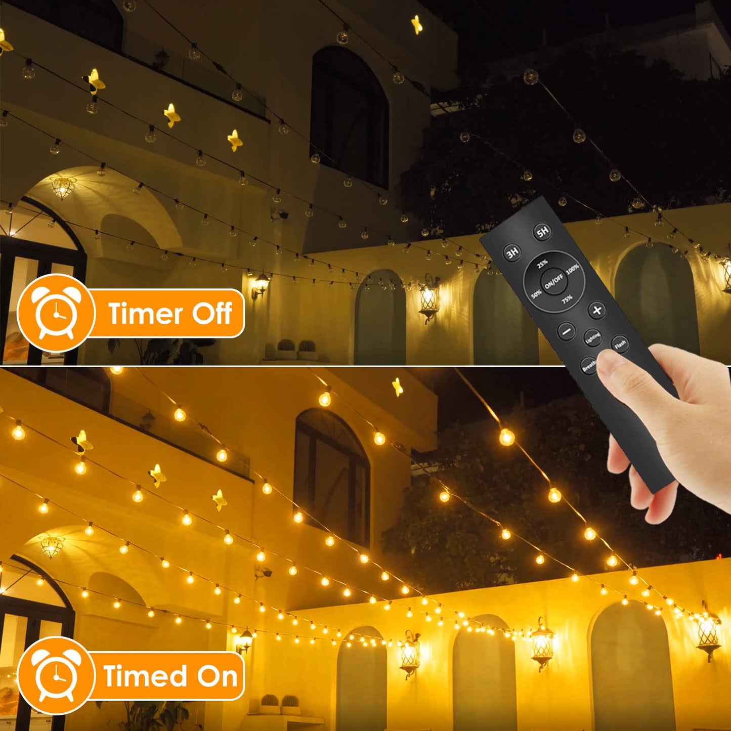 Outdoor string lights with remote control - 15M dimmable LED string lights with G40 bulbs, 4 modes and timer function, waterproof for outdoor garden balcony terrace party camping wedding.