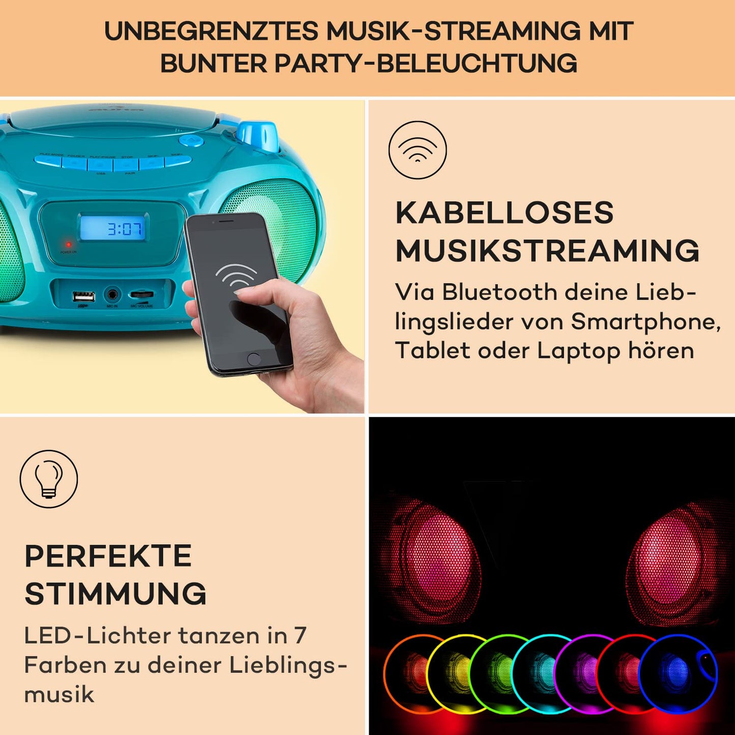 Auna portable radio for kids with CD player, microphone, and USB, 3W boombox with Bluetooth function, AUX/FM radio portable with LED display, MP3, 5.0 streaming, CD-radio for girls and boys.
