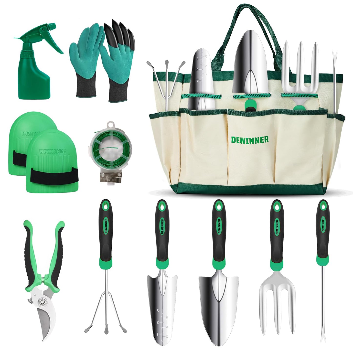 DEWINNER Garden Tool Set, Hand Tool Gift Set, Outdoor Hoe, Garden, Transplanting, Fork for Gardeners, Trowel, Transplanter, Cultivator, Weeding, with sturdy storage bag for organization.
