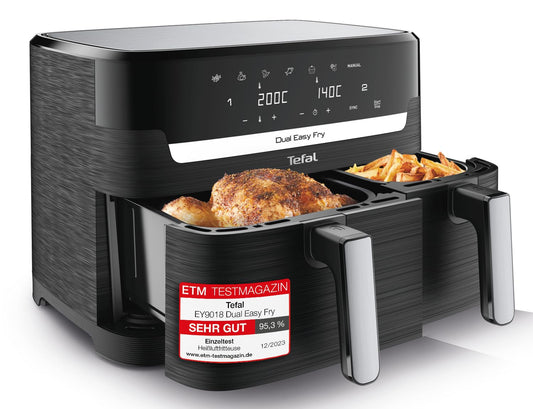 Tefal Dual Easy Fry hot air fryer with two chambers, 5.2/3.1 L capacity, two independent drawers, 7 automatic programs, energy-saving, black, EY9018.