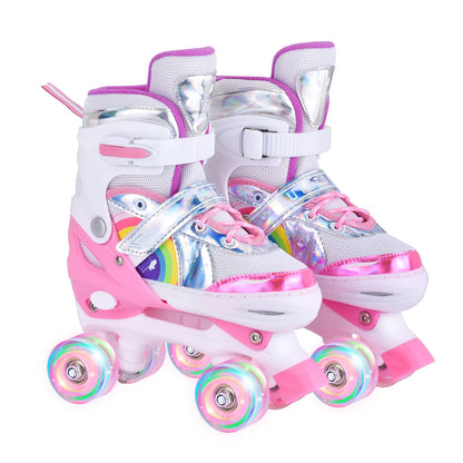 YUDOXN Adjustable Roller Skates for Girls. Comfortable LED rollerskates for teens and beginners. 3 sizes, adjustable from 31 to 42. Adjustable roller skates for kids (S, Pink-B).