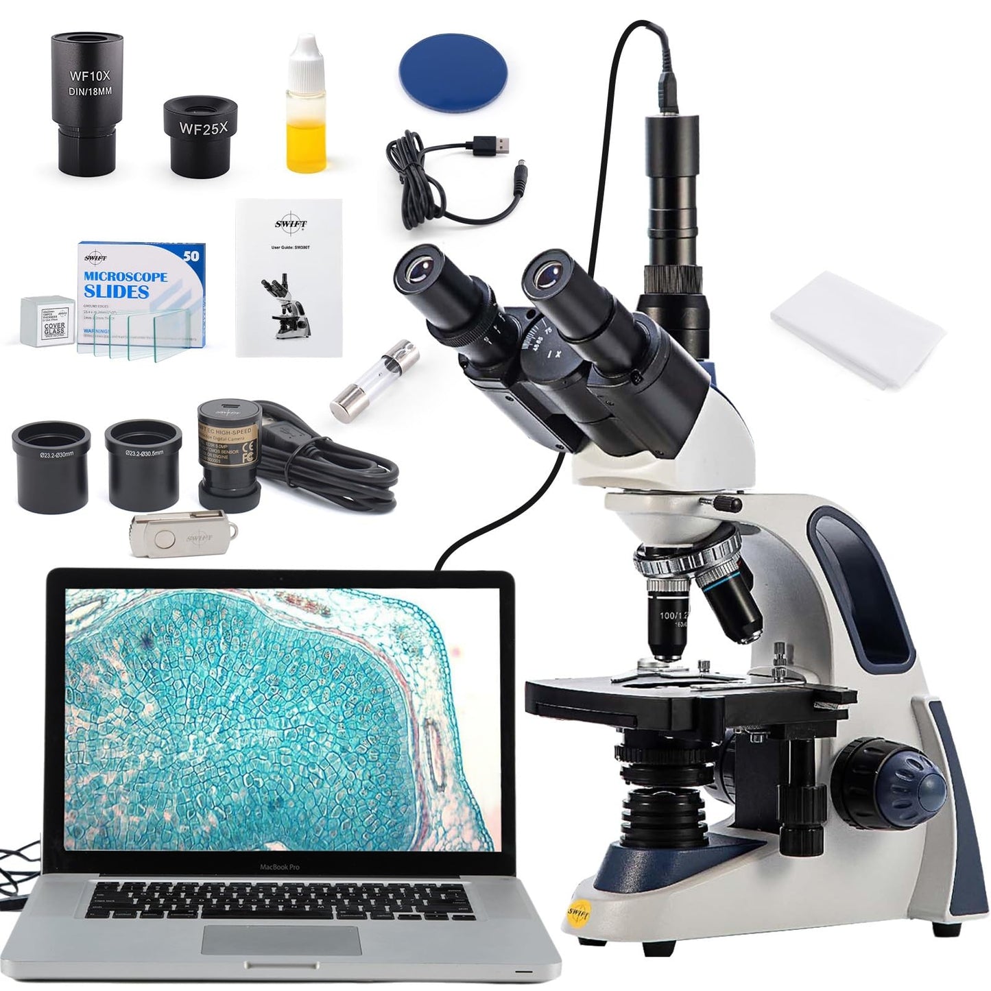 SWIFT Trinocular Microscope SW380T, 40x to 2500x magnification, Siedentopf head, dual-layer mechanical stage, with 5.0MP camera and software, and 100 blank slides
