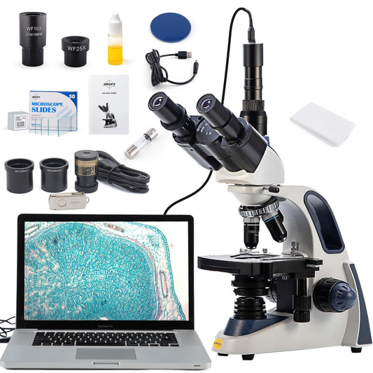 SWIFT Trinocular Microscope SW380T, 40x to 2500x magnification, Siedentopf head, dual-layer mechanical stage, with 5.0MP camera and software, and 100 blank slides