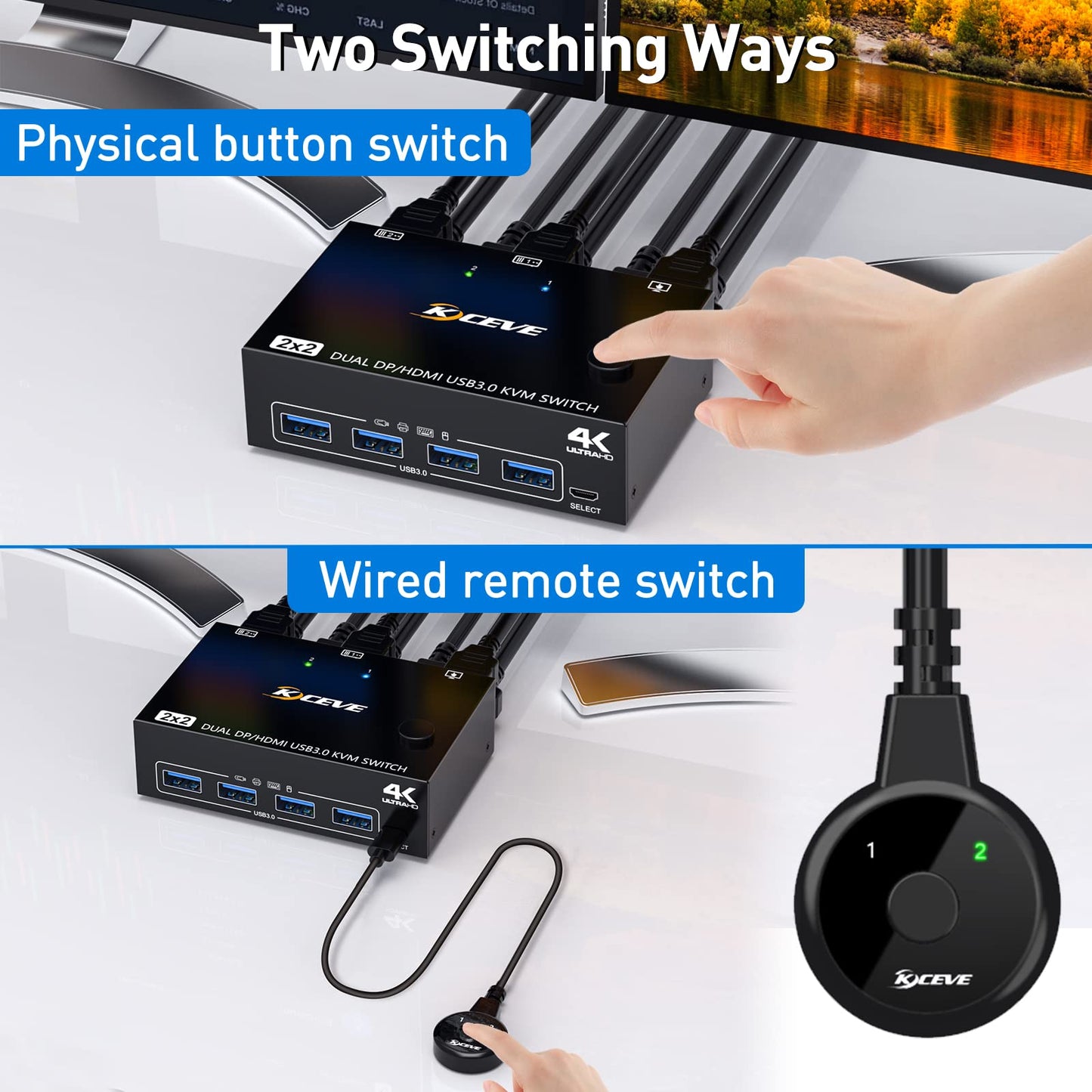 DP + HDMI KVM switch for 2 computers and 2 monitors. KCEVE dual monitor DisplayPort USB 3.0 KVM switch supports 4K@60Hz for sharing keyboard, mouse, and monitor between 2 computers.