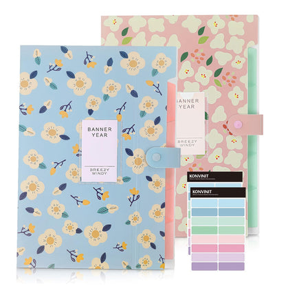 KONVINIT document folder expanding A4 file folder with 5 compartments Expandable organizer folder for school/home/work/office School supplies aesthetic, 2 pieces