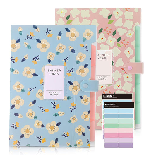 KONVINIT document folder expanding A4 file folder with 5 compartments Expandable organizer folder for school/home/work/office School supplies aesthetic, 2 pieces