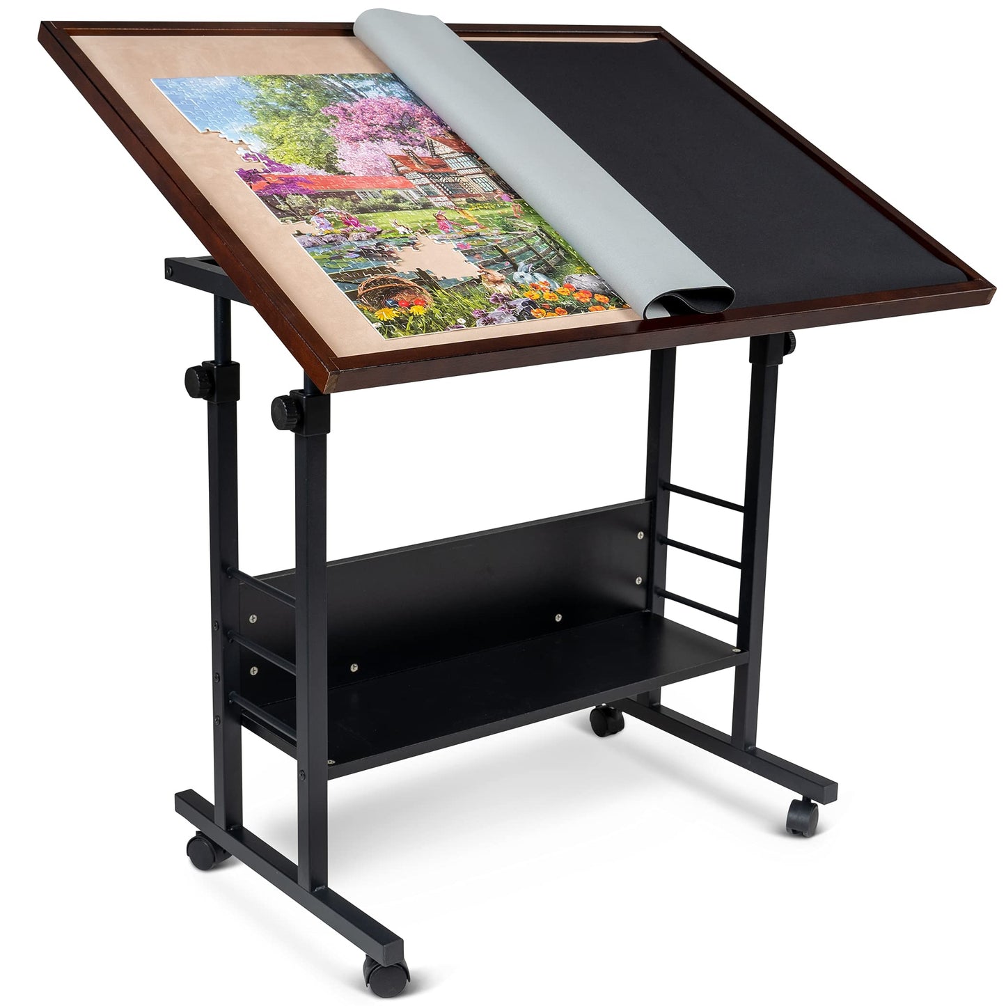 Becko US Jigsaw Puzzle Table Puzzle Board with Cover Puzzle Easel Tilting Table with Height Adjustment for Up to 1500 Pieces, Enclosed with 4 Wheels (Brown)