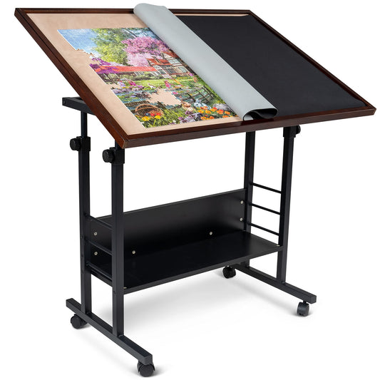 Becko US Jigsaw Puzzle Table Puzzle Board with Cover Puzzle Easel Tilting Table with Height Adjustment for Up to 1500 Pieces, Enclosed with 4 Wheels (Brown)