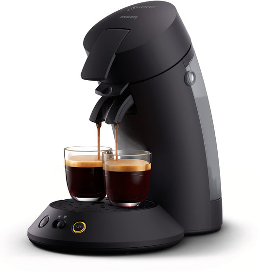 Philips Original Plus Eco Coffee Pod Machine, coffee strength selection, Coffee Boost Technology, 80%* recycled plastic, 45%** less energy consumption, brews 2 cups simultaneously, piano black finish (CSA210/22)