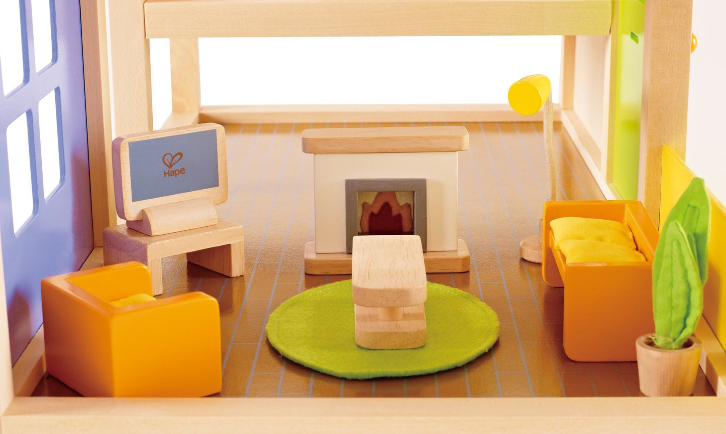 Hape Wooden Dollhouse Living Room, compatible with all popular dollhouses, for ages 3 and up.