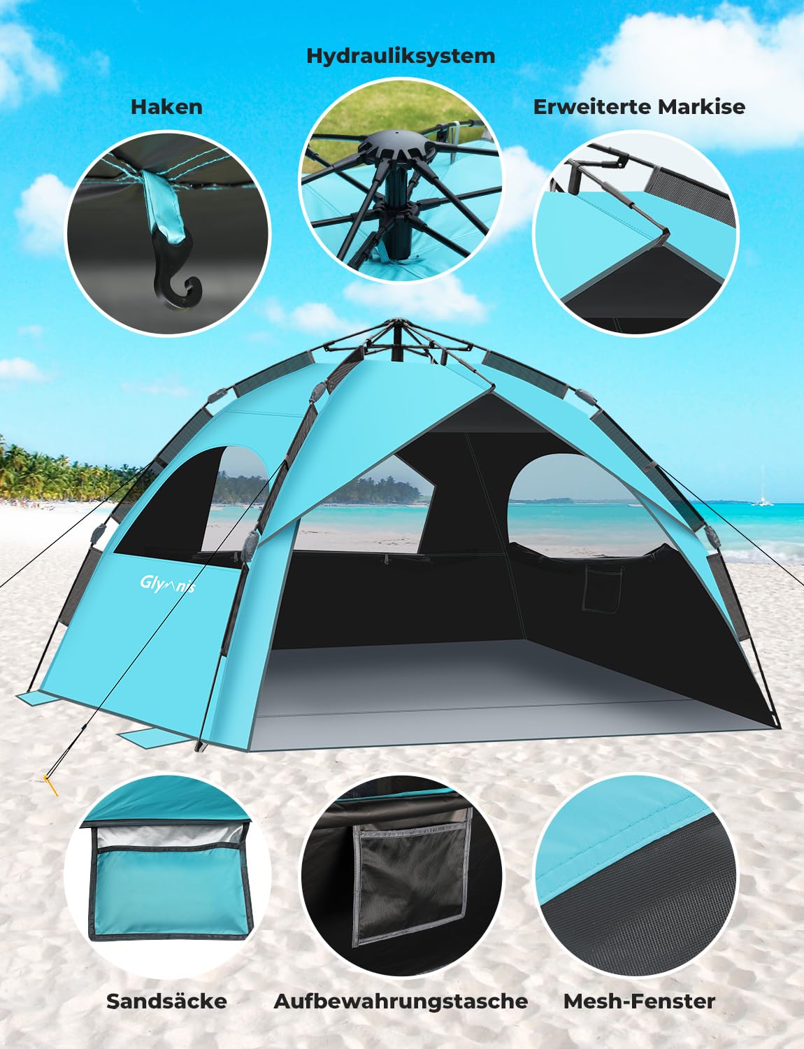 Glymnis Quick Up Beach Tent Automatic Beach Tent UV Protection 50+ Windproof Small Packing Size Blue Beach Tent for 4 to 6 People