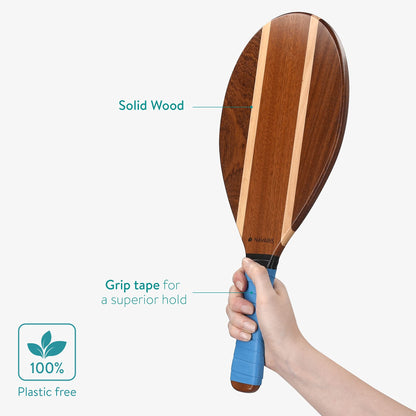 Navaris Beach Tennis Set incl. Balls - Beach tennis game Two high-quality Matkot rackets made of wood - Frescobol Paddle - Beach ball wooden rackets
