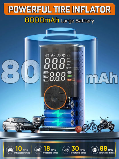 BIBURY 8000mAh Electric Air Pump Bike Pump Electric 150 PSI with 5 Modes Battery Air Pump Air Compressor Portable Bike Pump with LED Flashlight, Powerbank for Car Moto Bike Balls