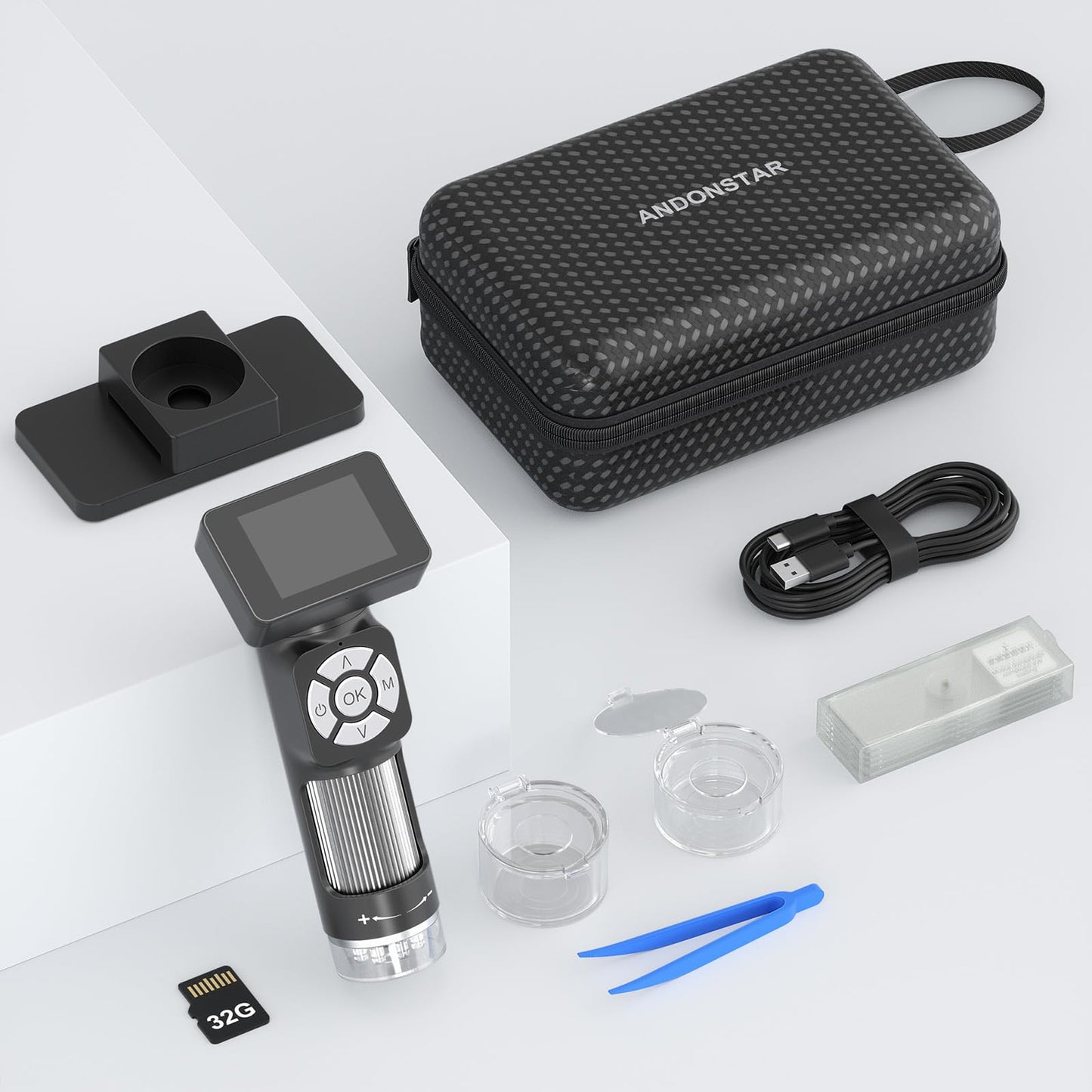 Andonstar AD112 Portable Pocket Microscope Kit for Kids and Adults with 2-inch LCD Screen, Mini Handheld Digital Microscope 500x with 8 adjustable LED lights, Windows PC compatible.