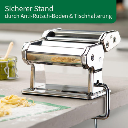 Chef Pasta Maker for delicious pasta - attachments for lasagna sheets, tagliatelle & spaghetti - includes table clamp and anti-slip base