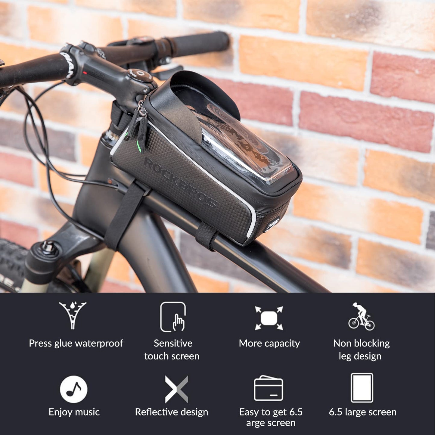 ROCKBROS bike frame bag water-repellent handlebar bag, top tube bag touchscreen for smartphones up to 6.5 inches road bike MTB gravel bike.